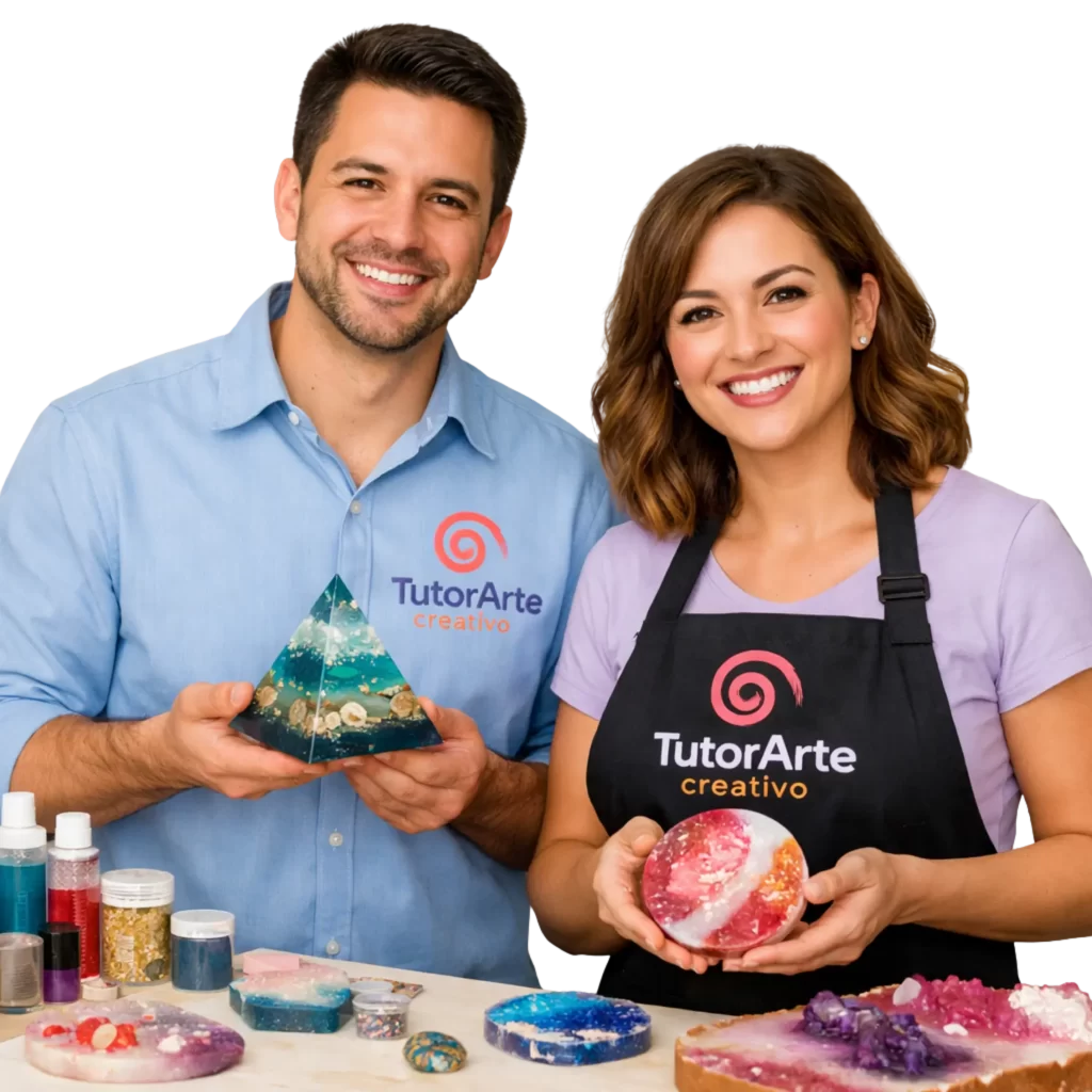 docente y alumna mostrando manualidades hechas con resina epóxica en curso de TutorArte Creativo