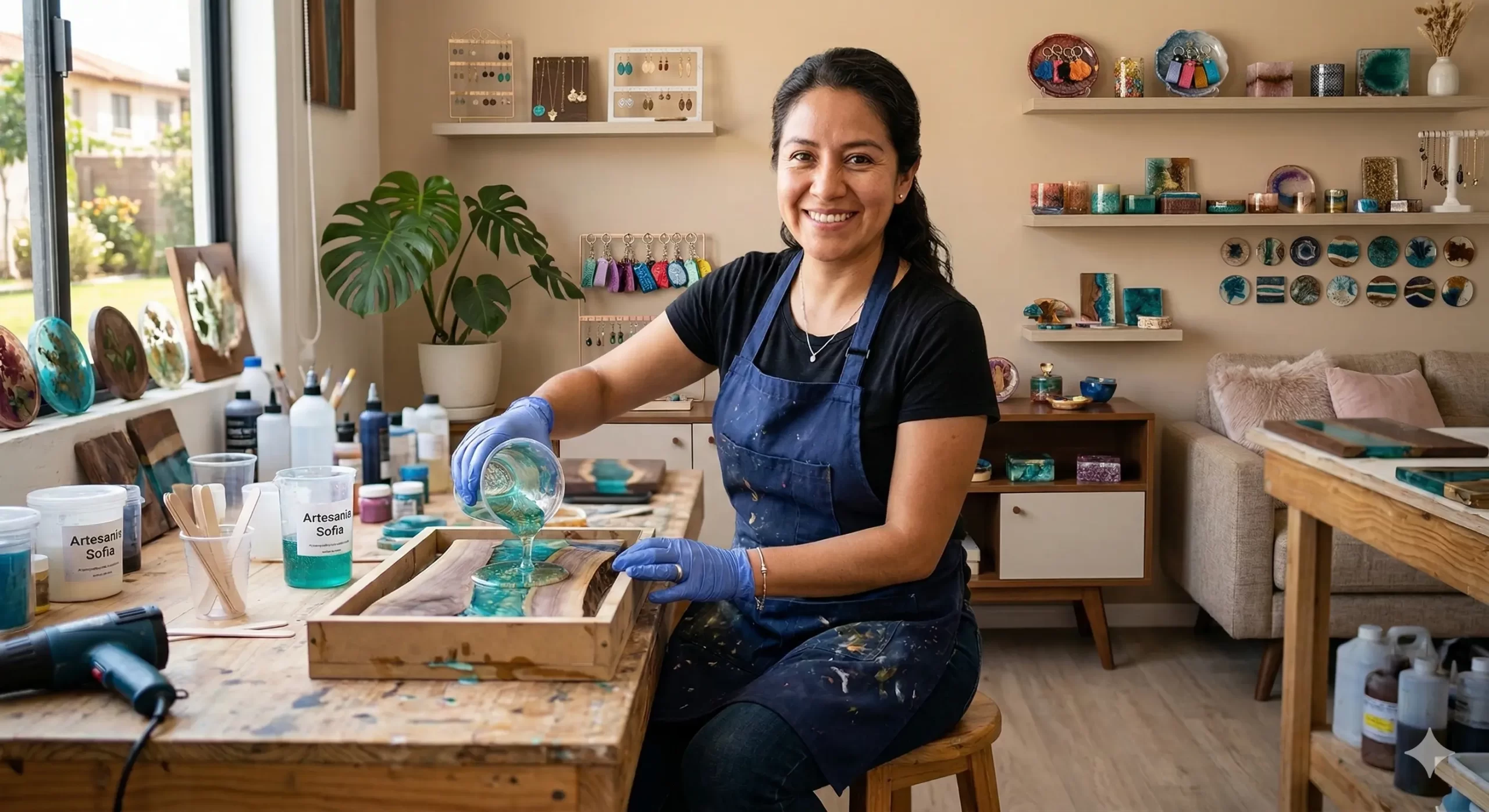 Estudiante creando posavasos de resina epóxica después de aprender manualidades creativas