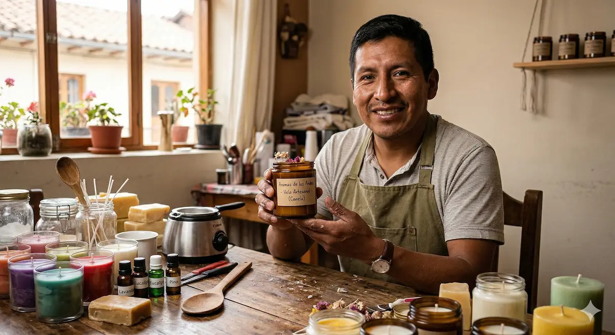 Emprendedor de Perú creando velas artesanales después de aprender manualidades creativas online
